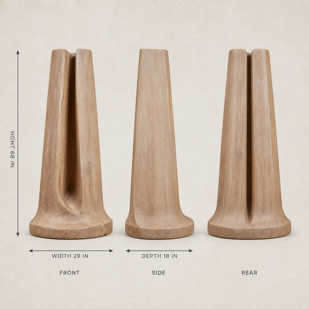 Veil Column, teak wood floor sculpture — size and scale study