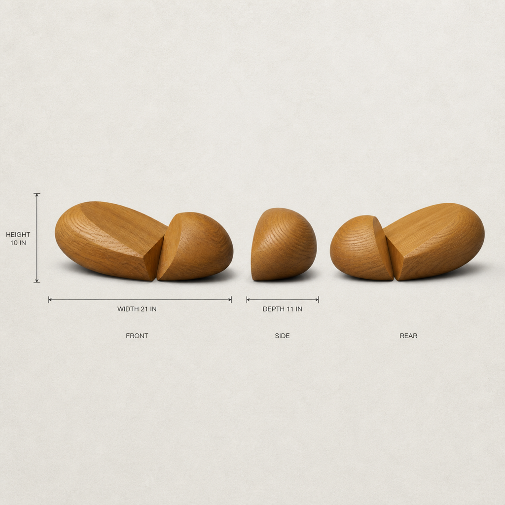 Nucleus Pair, teak wood tabletop sculpture — size and scale study