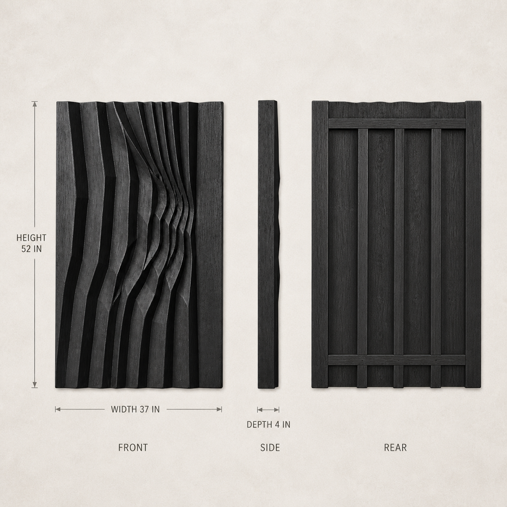 Meridian Relief, carved teak wood wall art — size and scale study