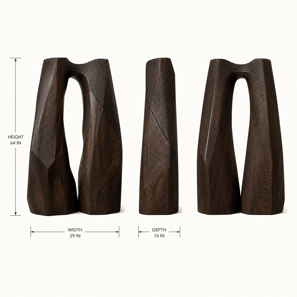 Erosion Gate No. 01, teak wood floor sculpture — size and scale study