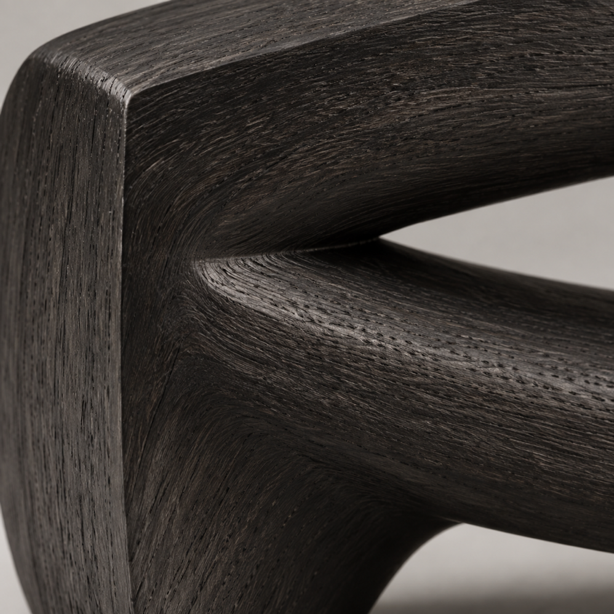 Bowed Traverse, teak wood floor sculpture — wood grain and carved detail