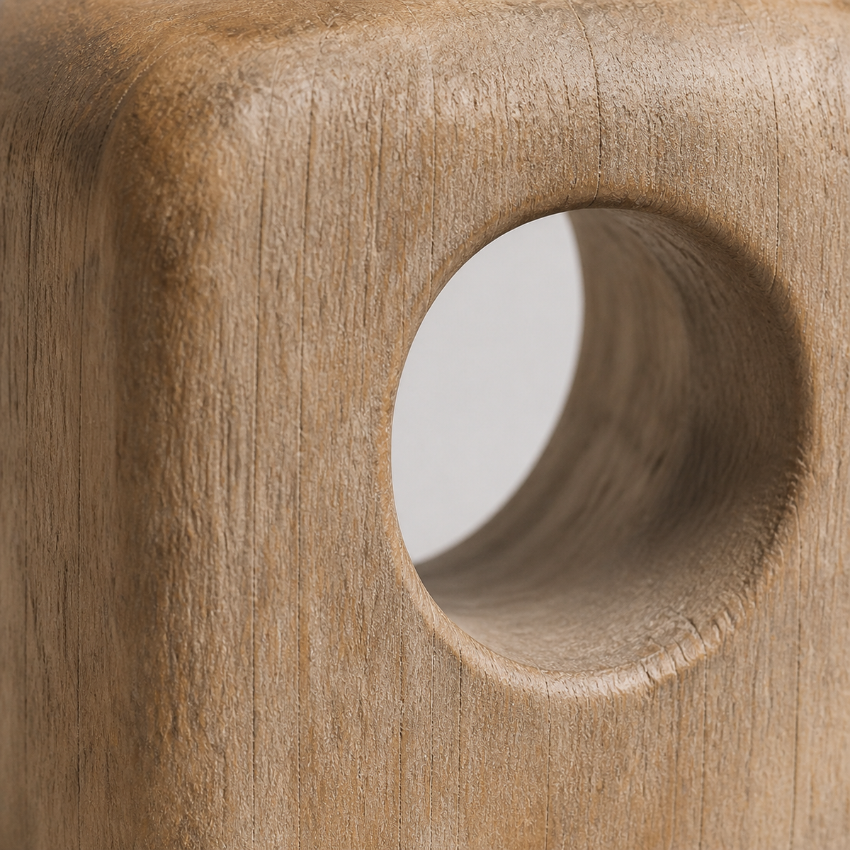 Void Cube Study, teak wood tabletop sculpture — wood grain and carved detail