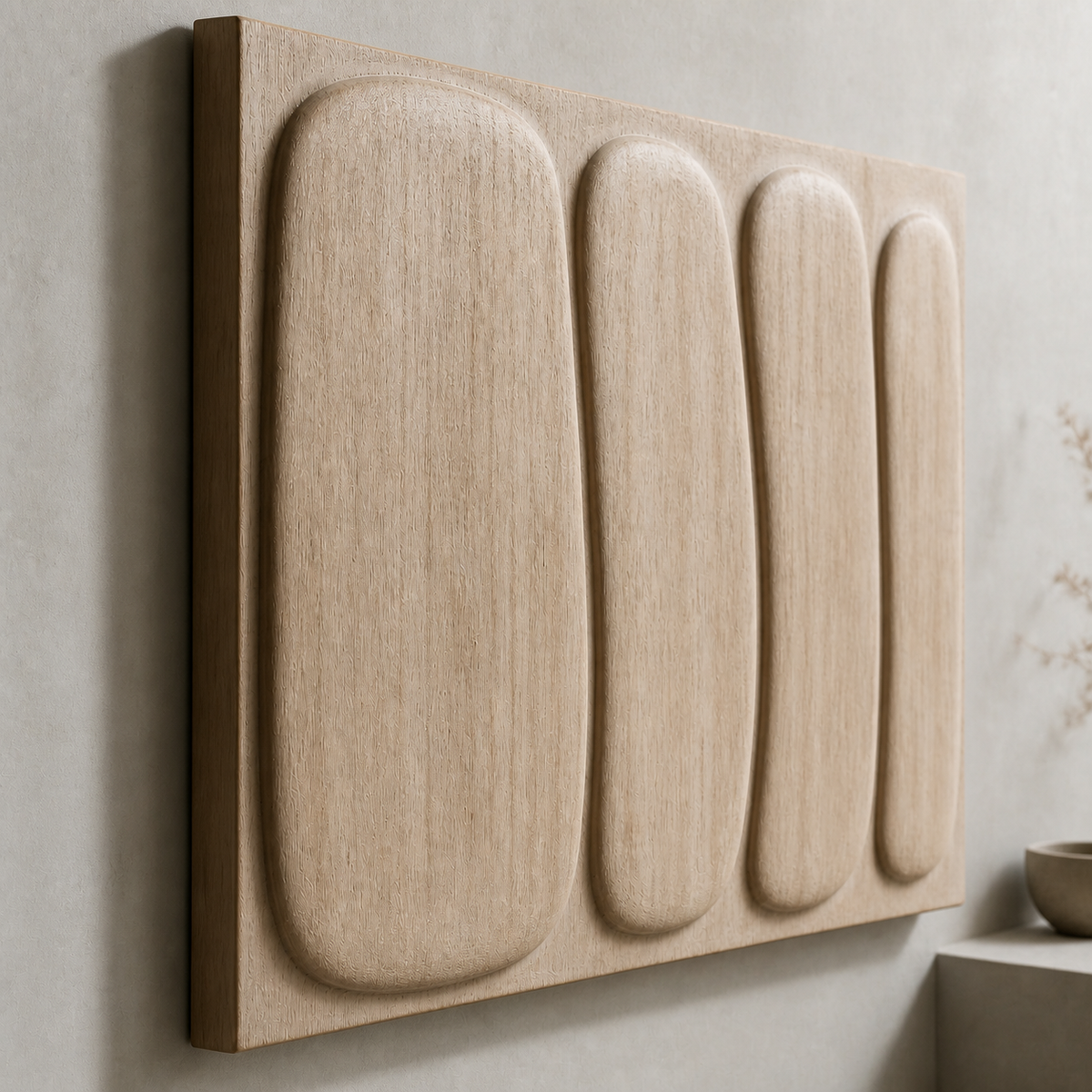 Compression Field Relief, carved teak wood wall art — wood grain and carved detail