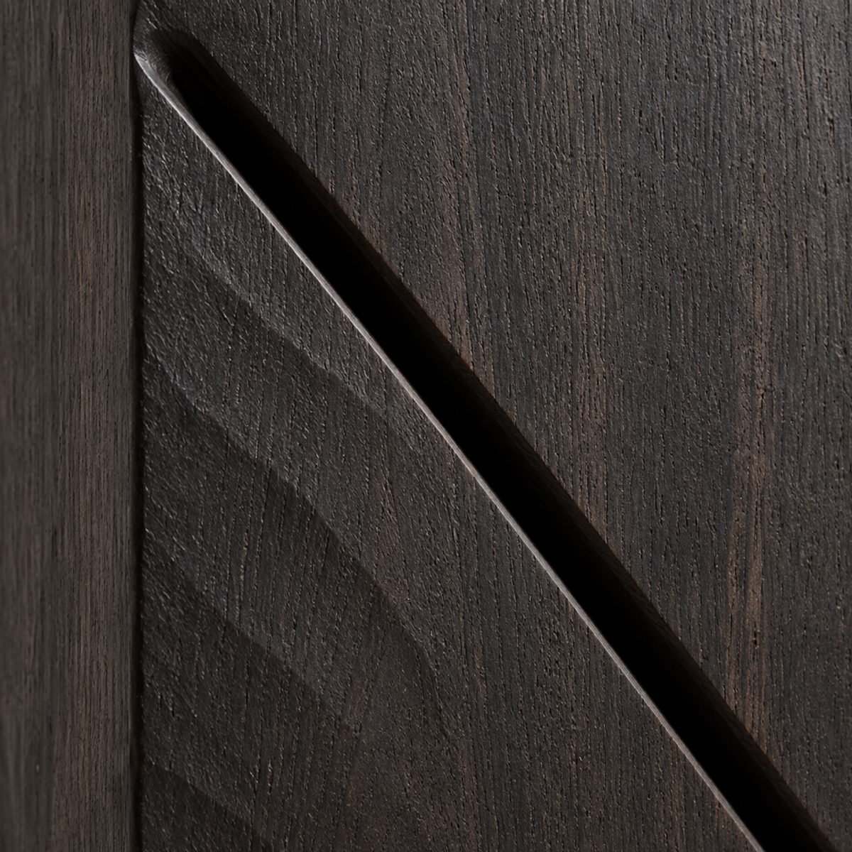 Bisected Tower, teak wood floor sculpture — wood grain and carved detail