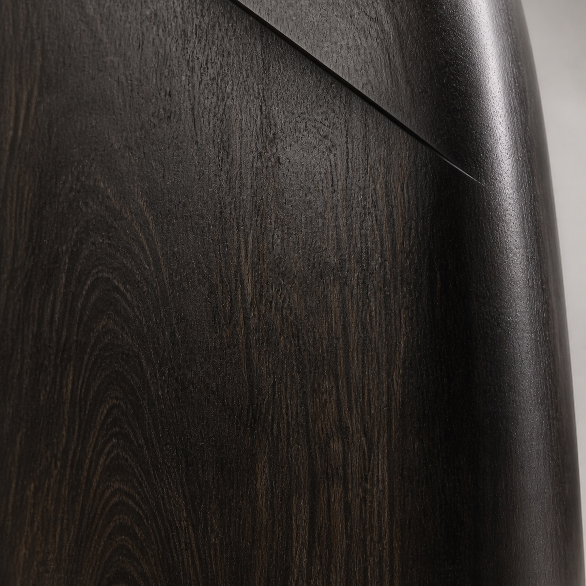 Quiet Buttress, teak wood floor sculpture — wood grain and carved detail