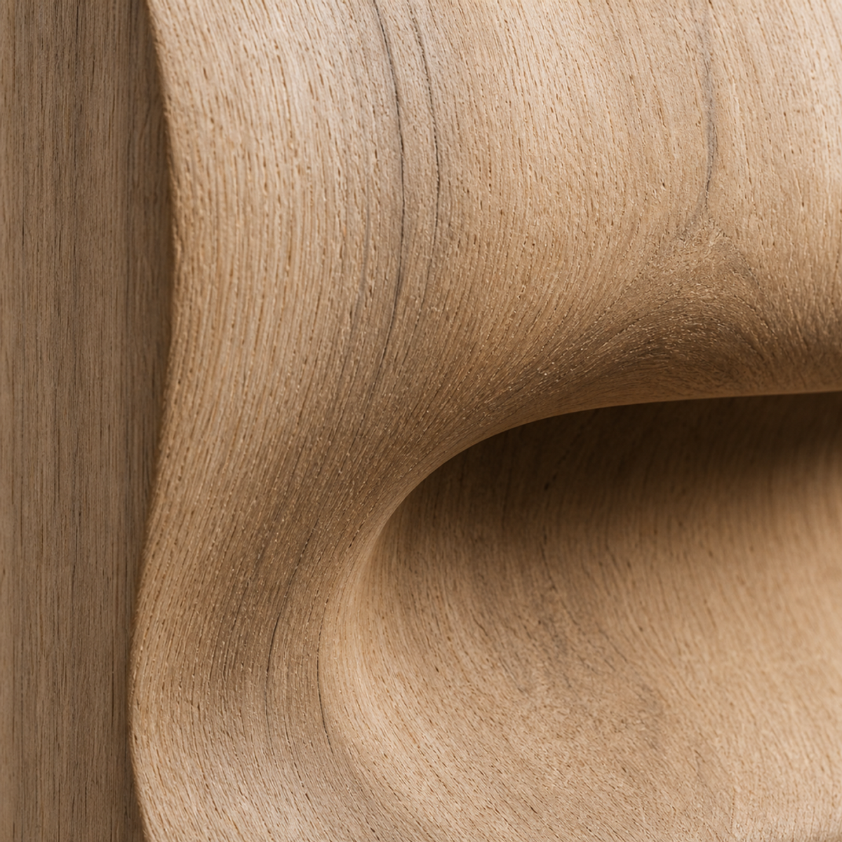 Overfold Column, teak wood floor sculpture — wood grain and carved detail