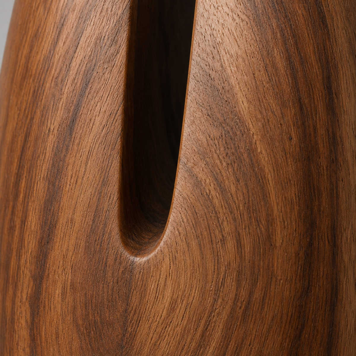 Split Pinnacle, teak wood floor sculpture — wood grain and carved detail
