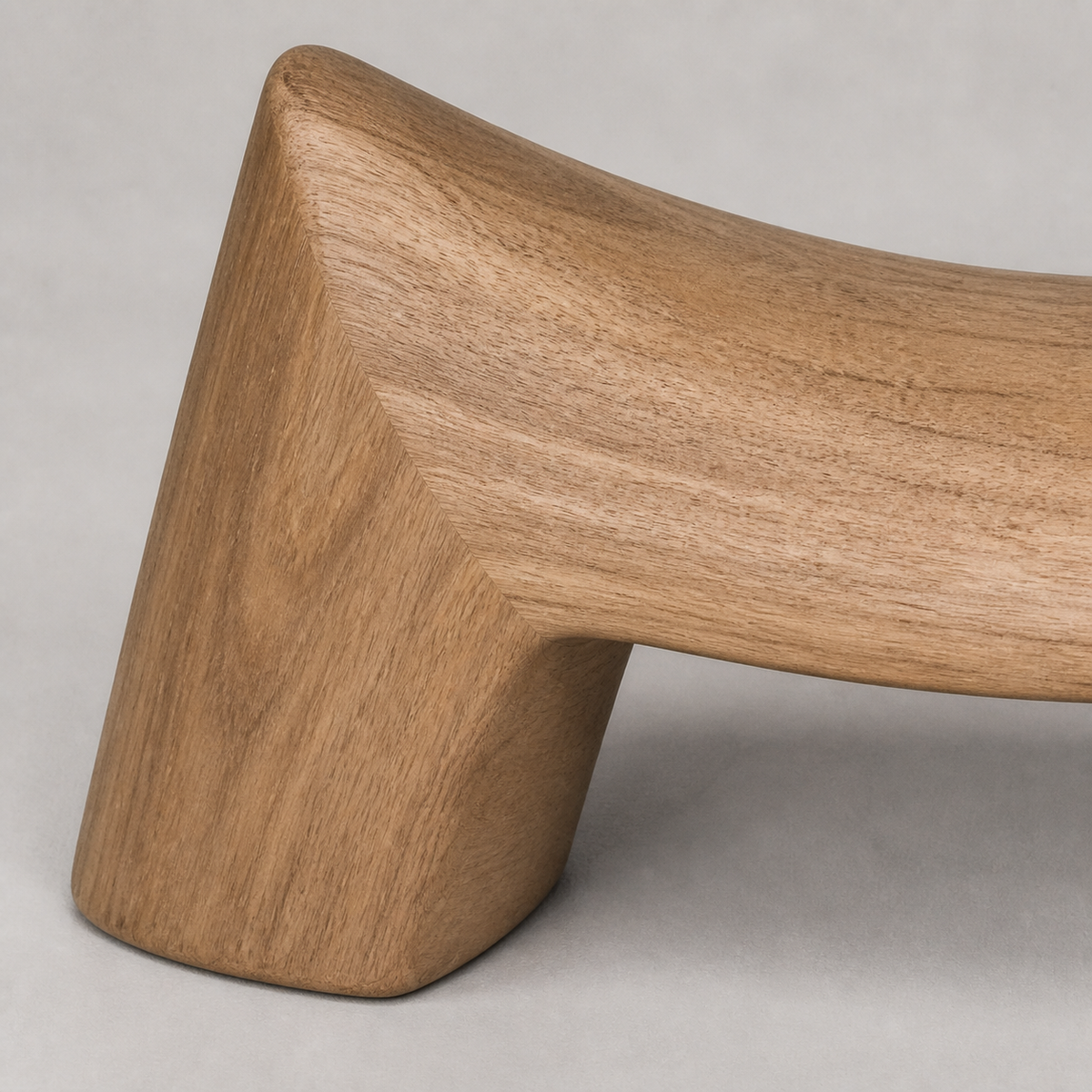 Arc Beam, teak wood console sculpture — wood grain and carved detail