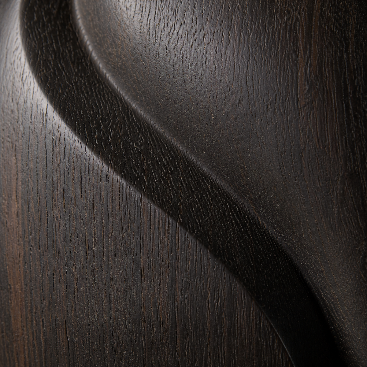 Folded Seed, abstract teak wood sculpture — wood grain and carved detail