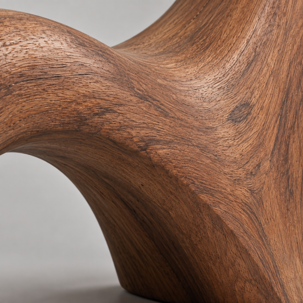 Wave Buttress, teak wood floor sculpture — wood grain and carved detail