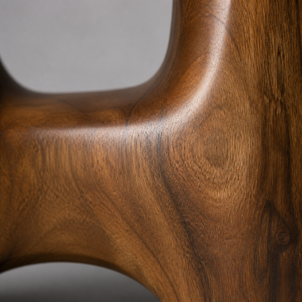Twin Datum, teak wood floor sculpture — wood grain and carved detail