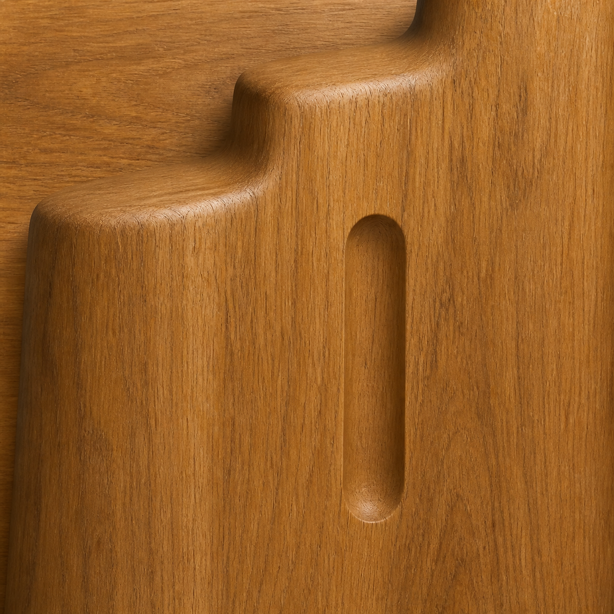 Terraced Rise, teak wood floor sculpture — wood grain and carved detail