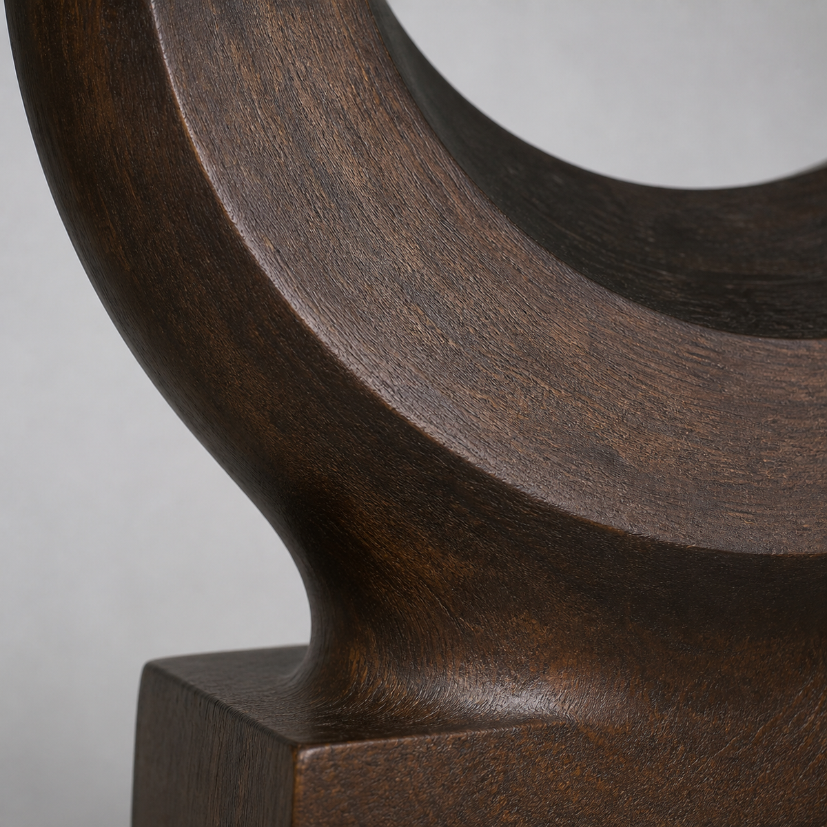 Lunar Yoke, abstract teak wood sculpture — wood grain and carved detail