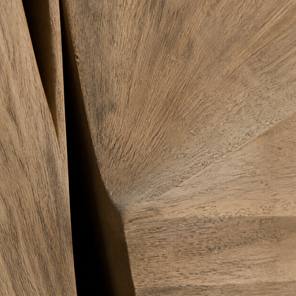 Axial Field, carved teak wood wall art — wood grain and carved detail