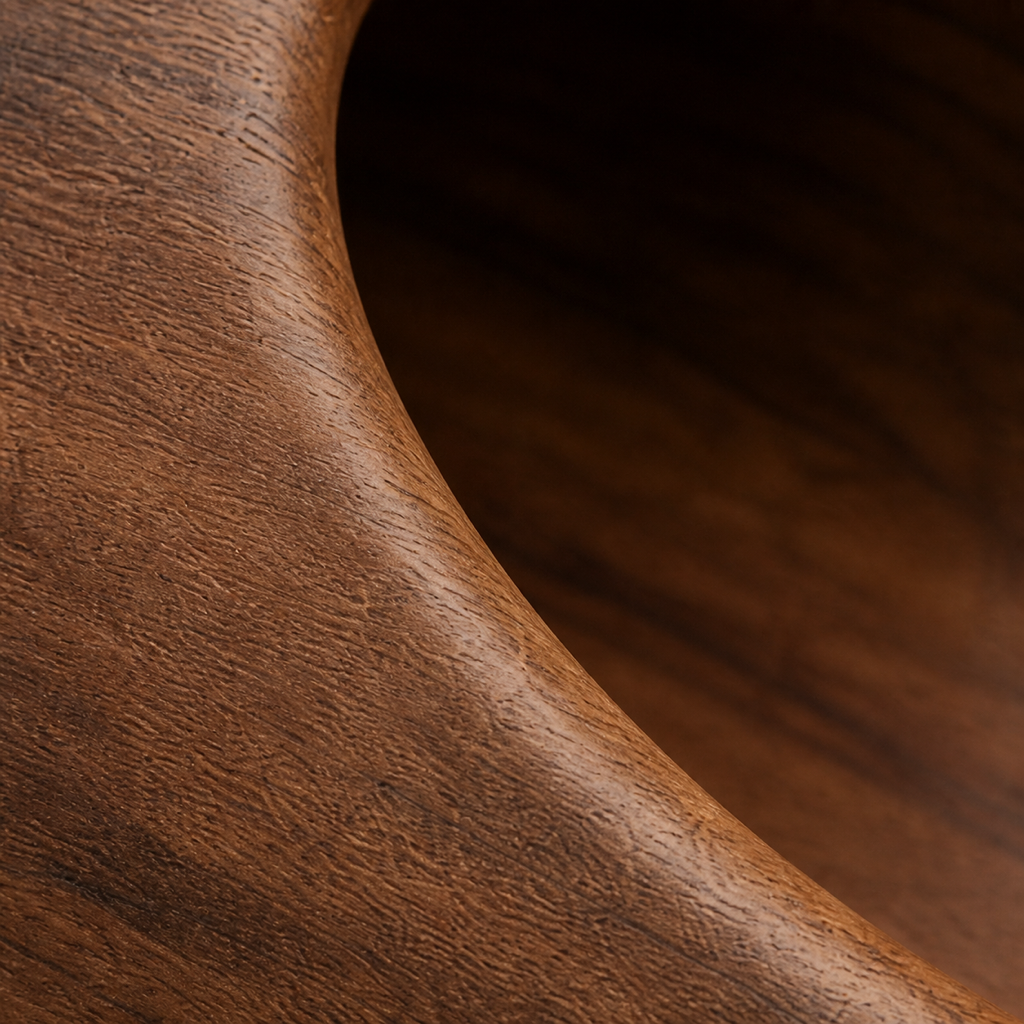 Seed Vessel, teak wood tabletop sculpture — wood grain and carved detail