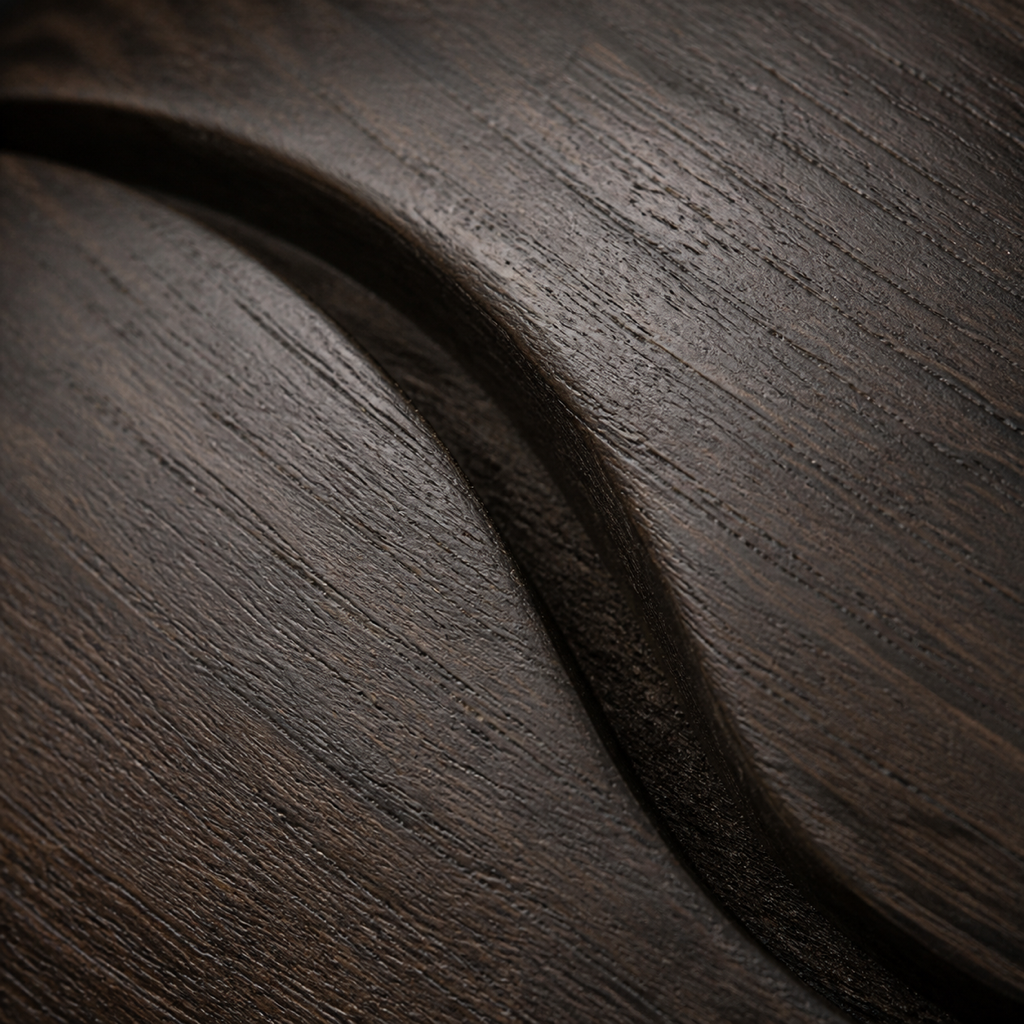 Tide Kernel, teak wood tabletop sculpture — wood grain and carved detail