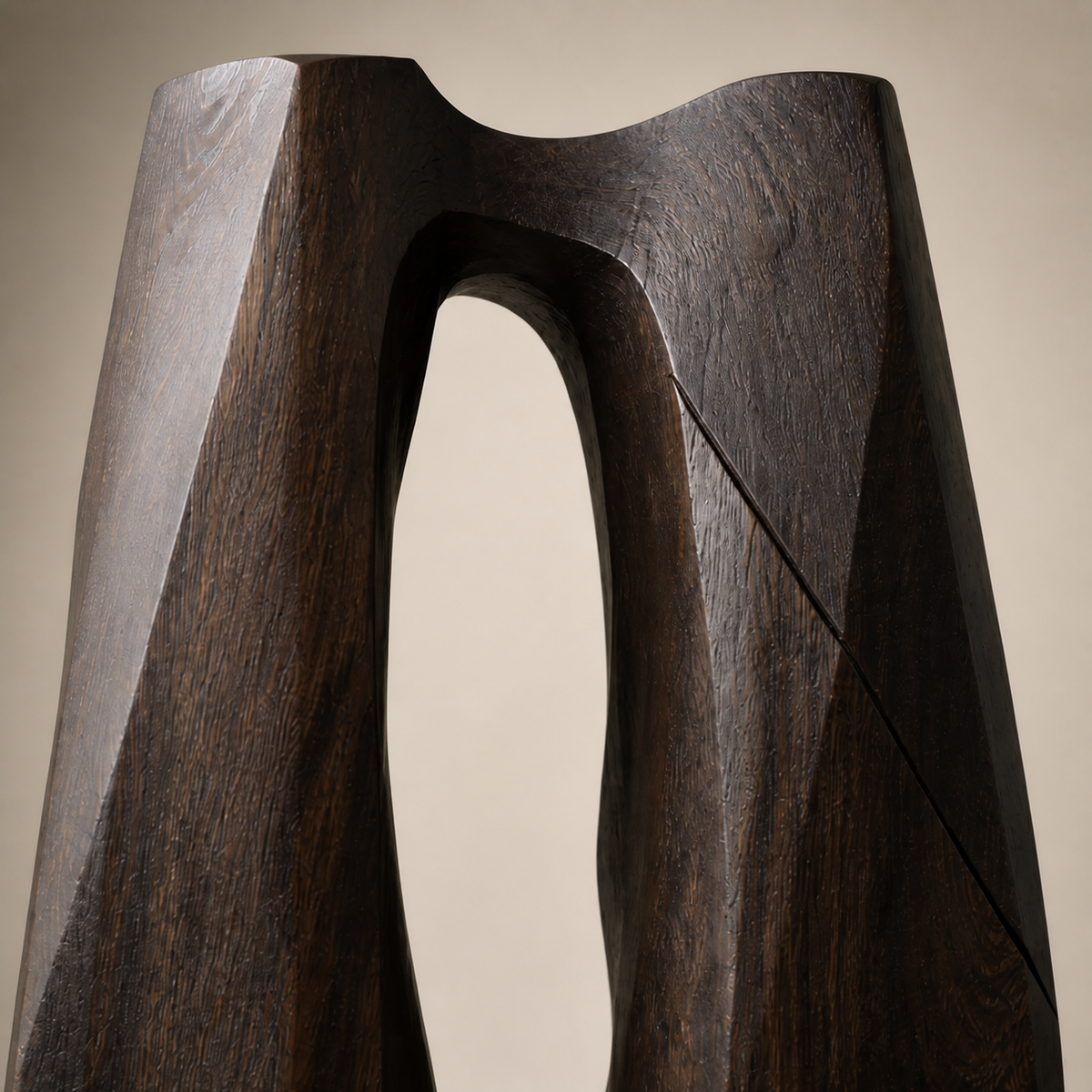 Erosion Gate No. 01, teak wood floor sculpture — wood grain and carved detail