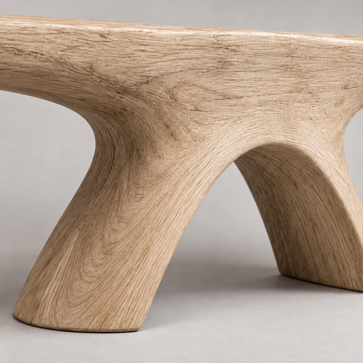 Inverted Span, teak wood floor sculpture — wood grain and carved detail