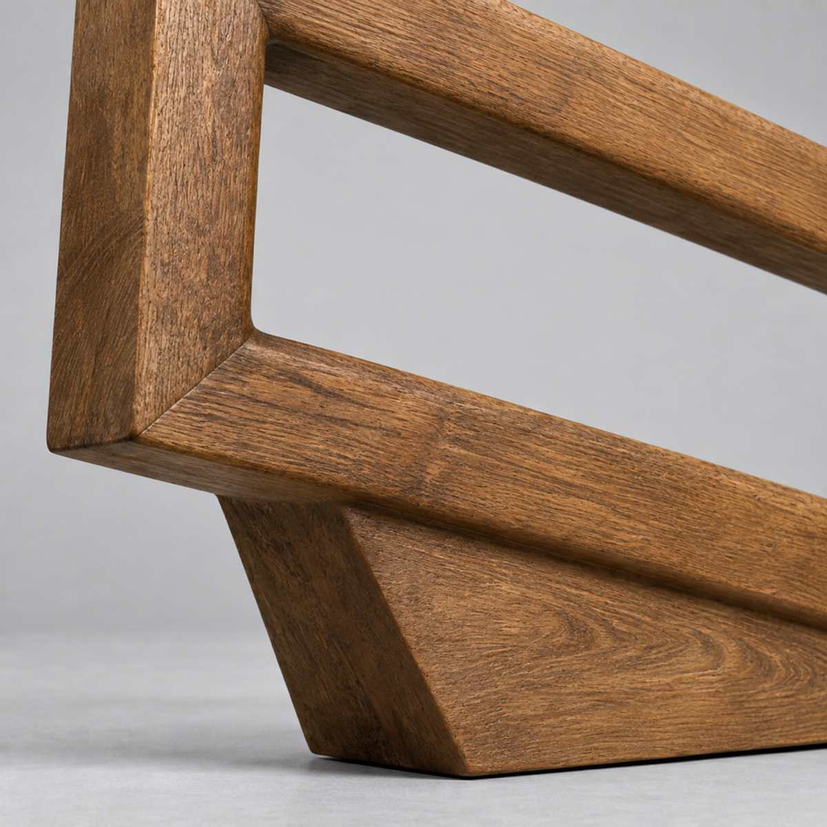 Pivot Frame, teak wood floor sculpture — wood grain and carved detail