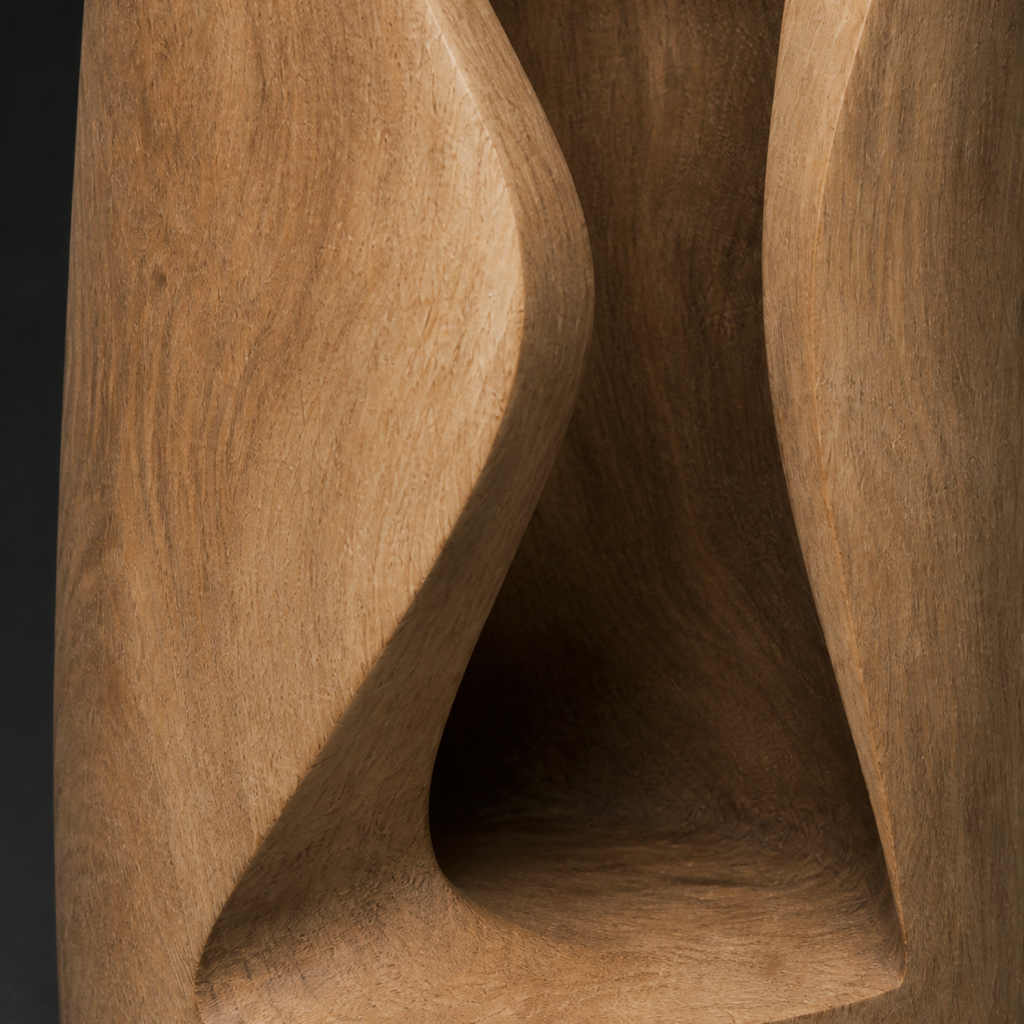 Hollow Fold, abstract teak wood sculpture — wood grain and carved detail