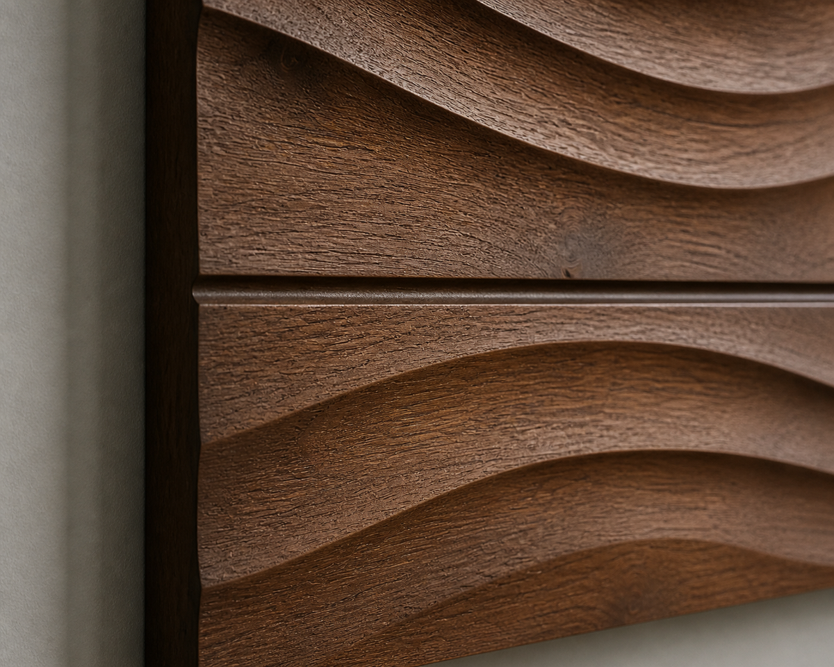 Still Horizon Relief, carved teak wood wall art — wood grain and carved detail