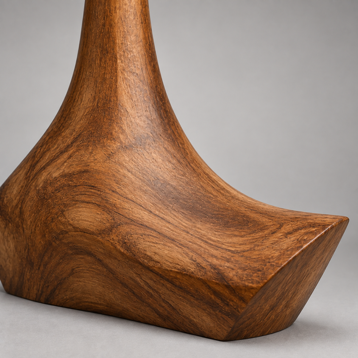Tapered Anchorage, teak wood floor sculpture — wood grain and carved detail