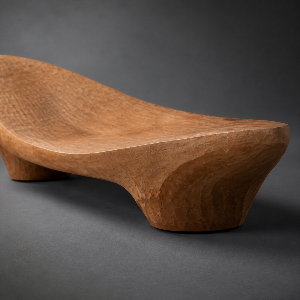 Saddle Plane, teak wood console sculpture — wood grain and carved detail