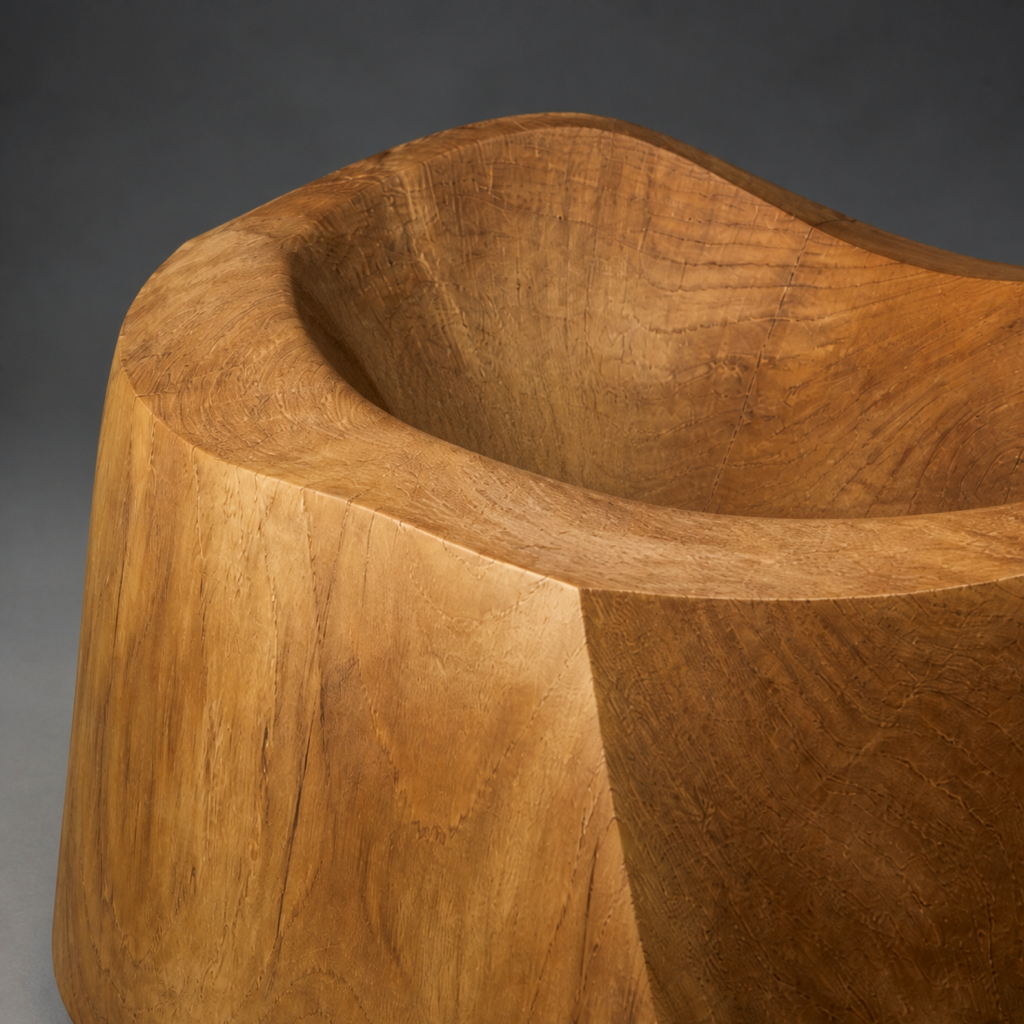 Caldera Plinth, abstract teak wood sculpture — wood grain and carved detail