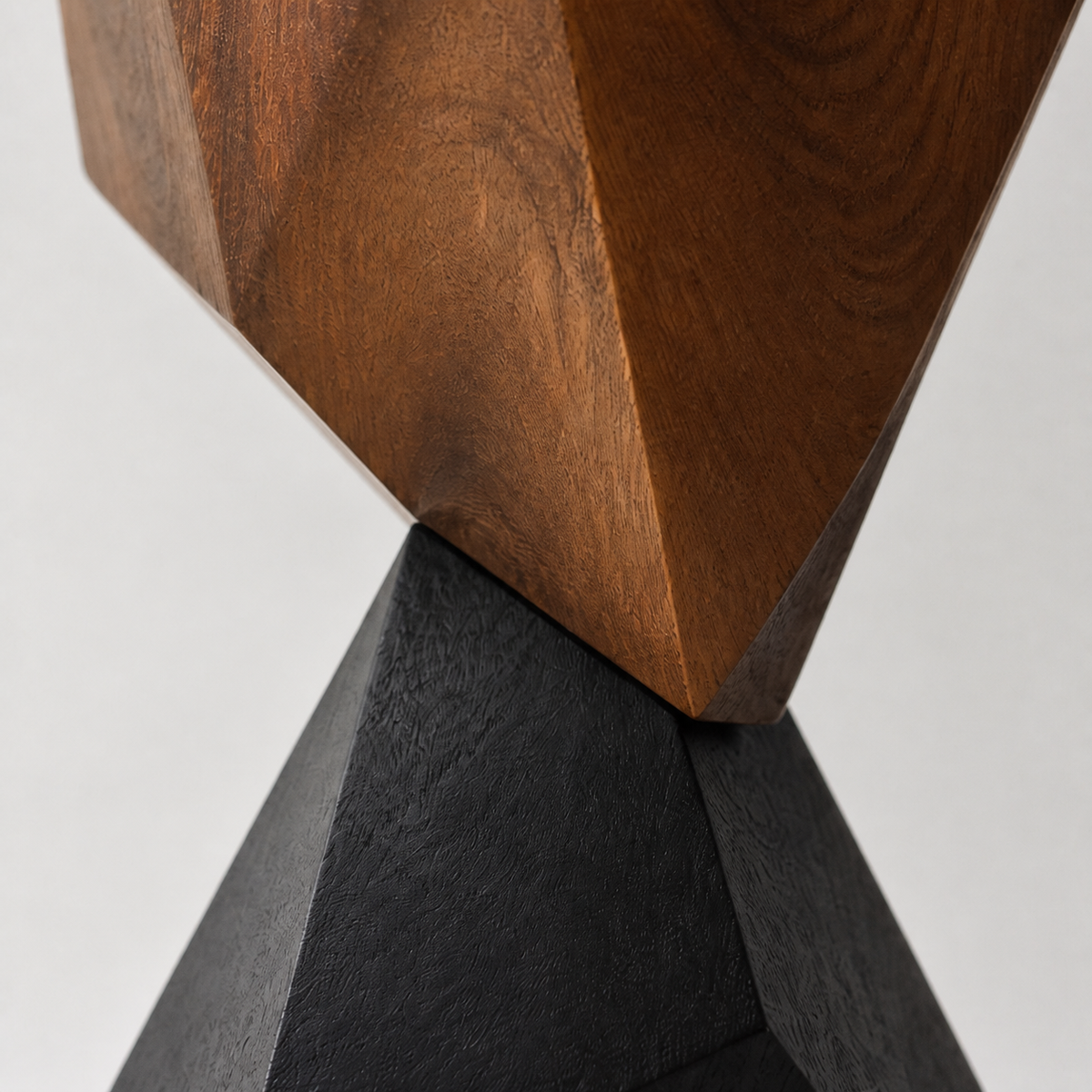 Prism Balance, abstract teak wood sculpture — wood grain and carved detail