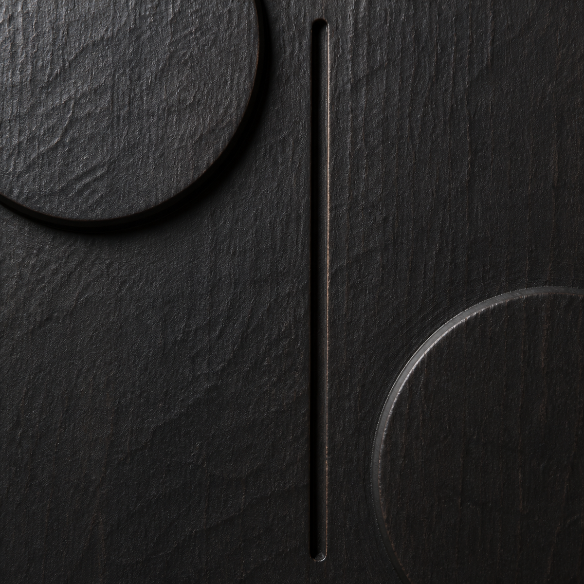 Twin Eclipse Relief, carved teak wood wall art — wood grain and carved detail
