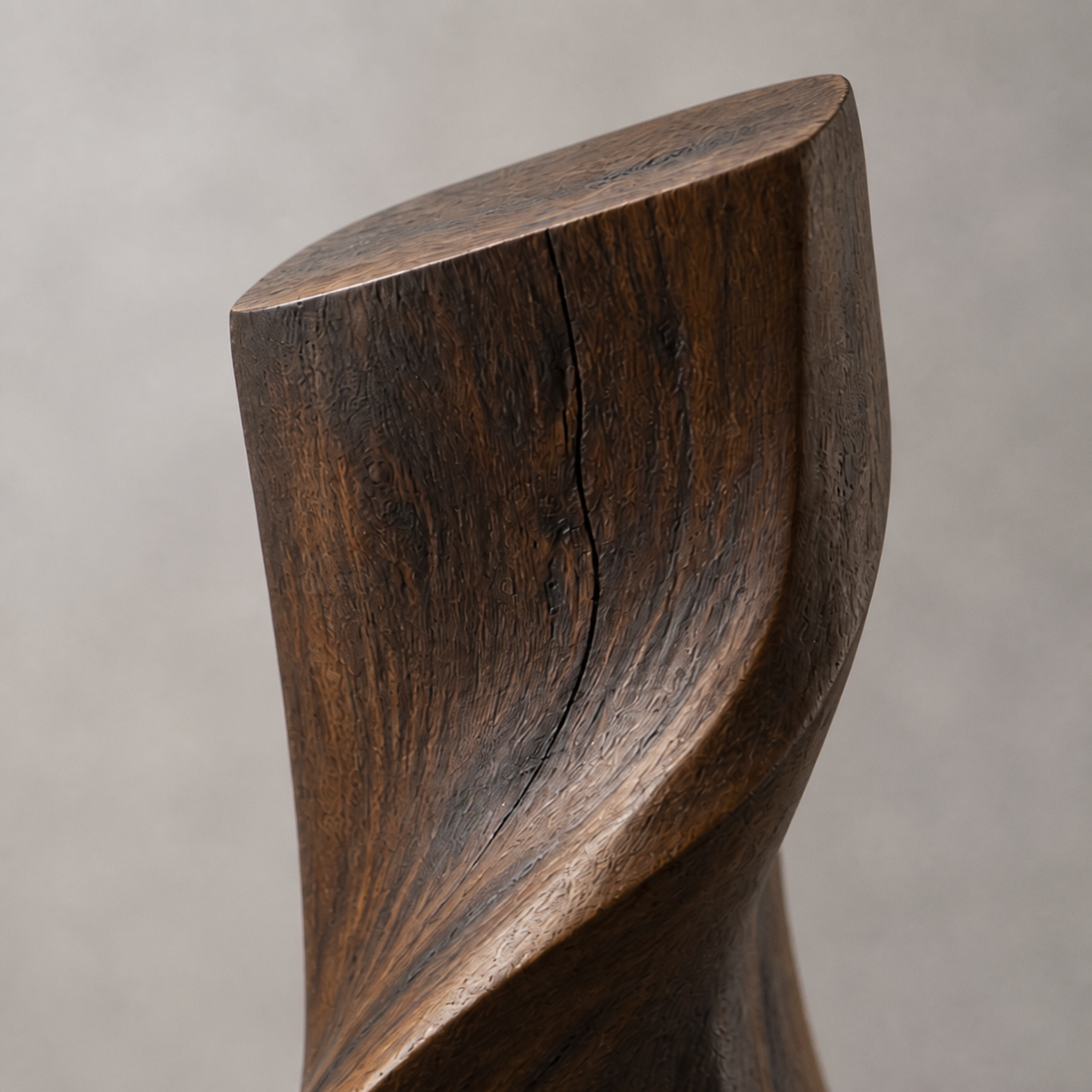 Quiet Torque, abstract teak wood sculpture — wood grain and carved detail
