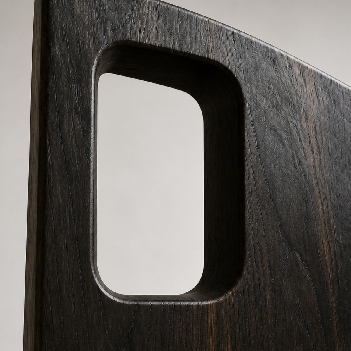 Offset Portal, teak wood floor sculpture — wood grain and carved detail