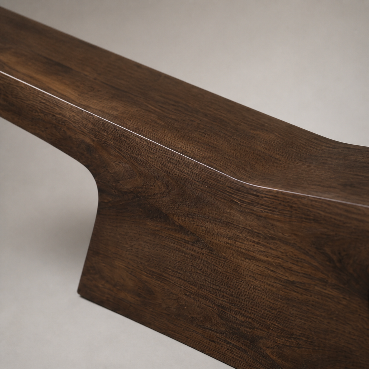 Pivot Lintel, teak wood console sculpture — wood grain and carved detail