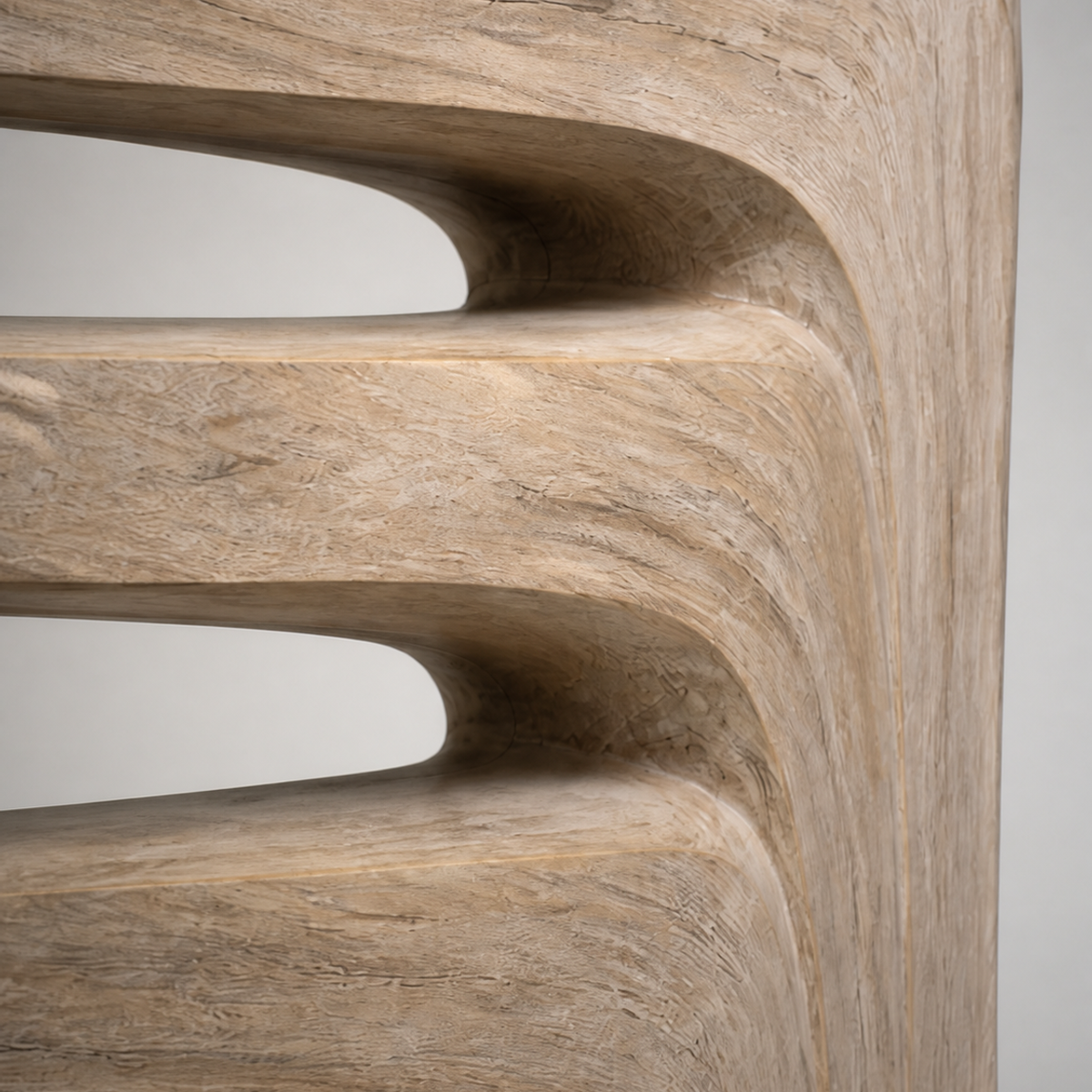 Descending Strata, teak wood floor sculpture — wood grain and carved detail
