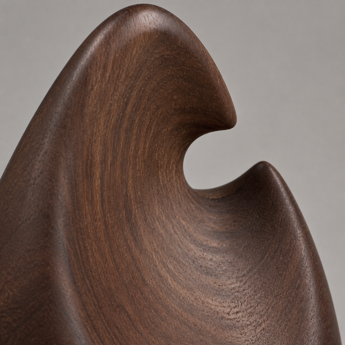 Inward Crest, abstract teak wood sculpture — wood grain and carved detail