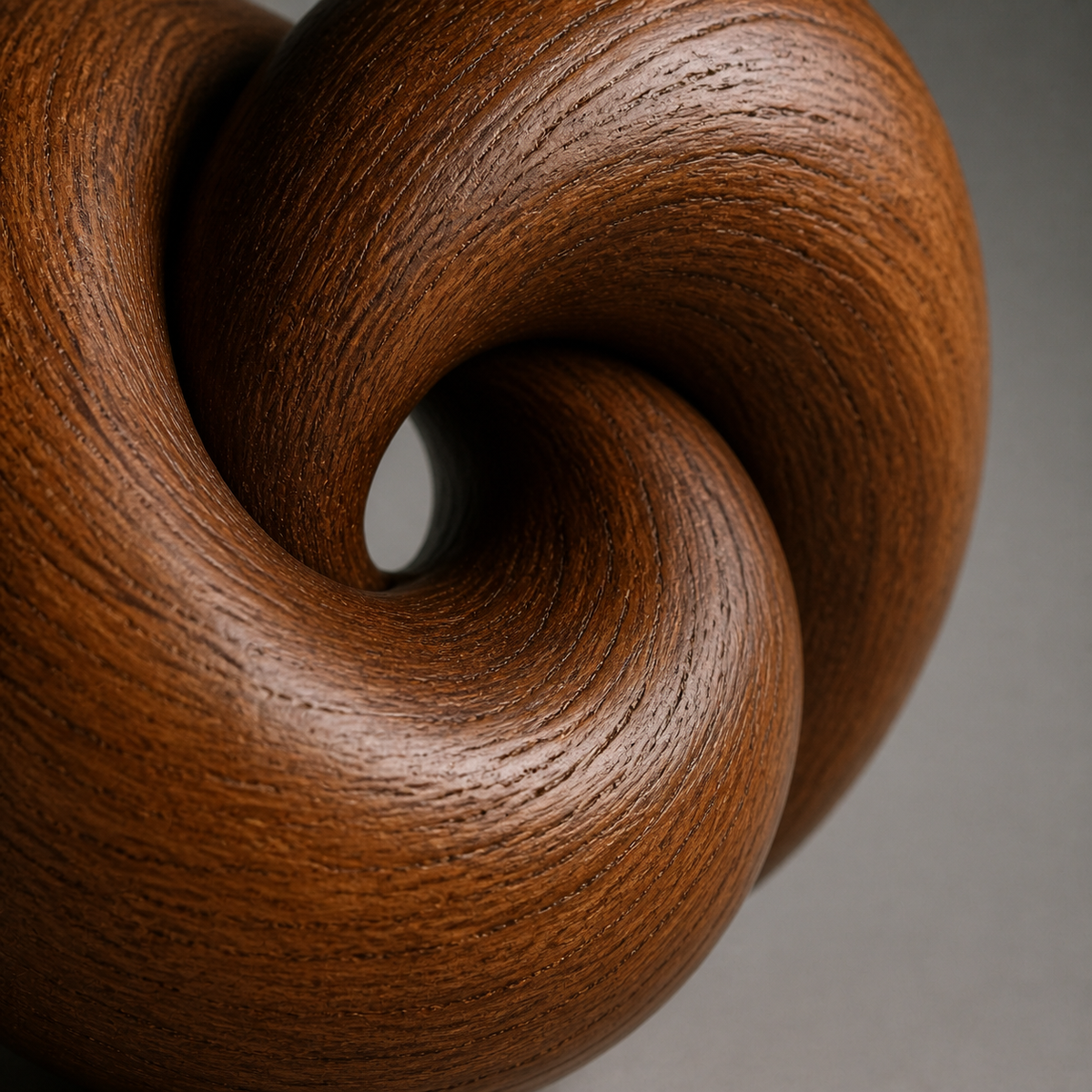 Miniature Knot, teak wood tabletop sculpture — wood grain and carved detail
