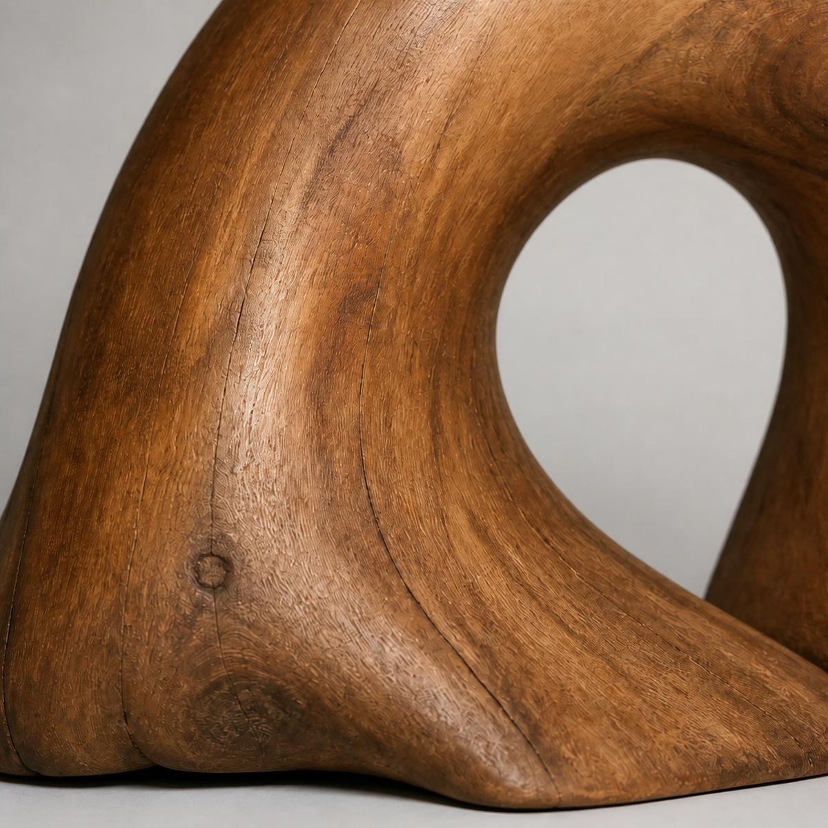 Rooted Arc, abstract teak wood sculpture — wood grain and carved detail