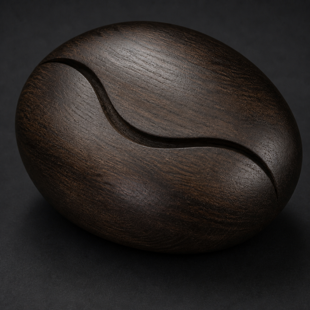 Tide Kernel, teak wood tabletop sculpture — wood grain and carved detail