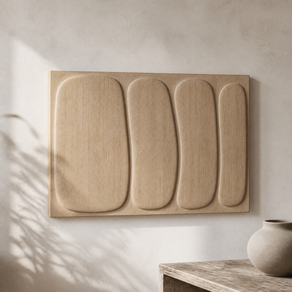 Compression Field Relief, carved teak wood wall art — wood grain and carved detail