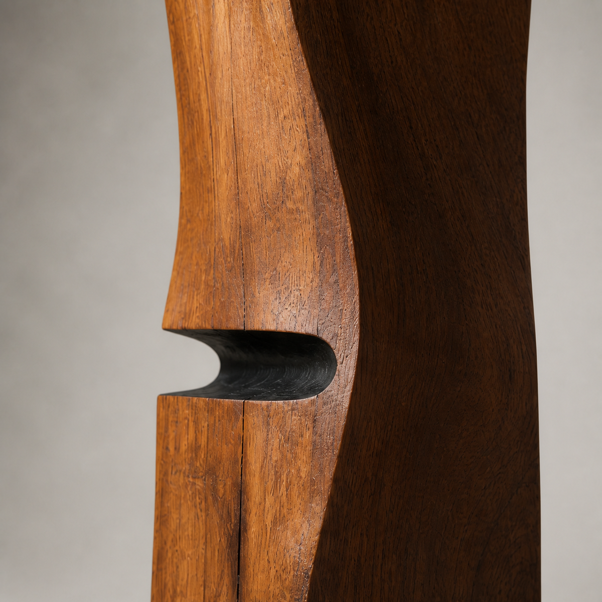 Crosscurrent Totem, teak wood floor sculpture — wood grain and carved detail