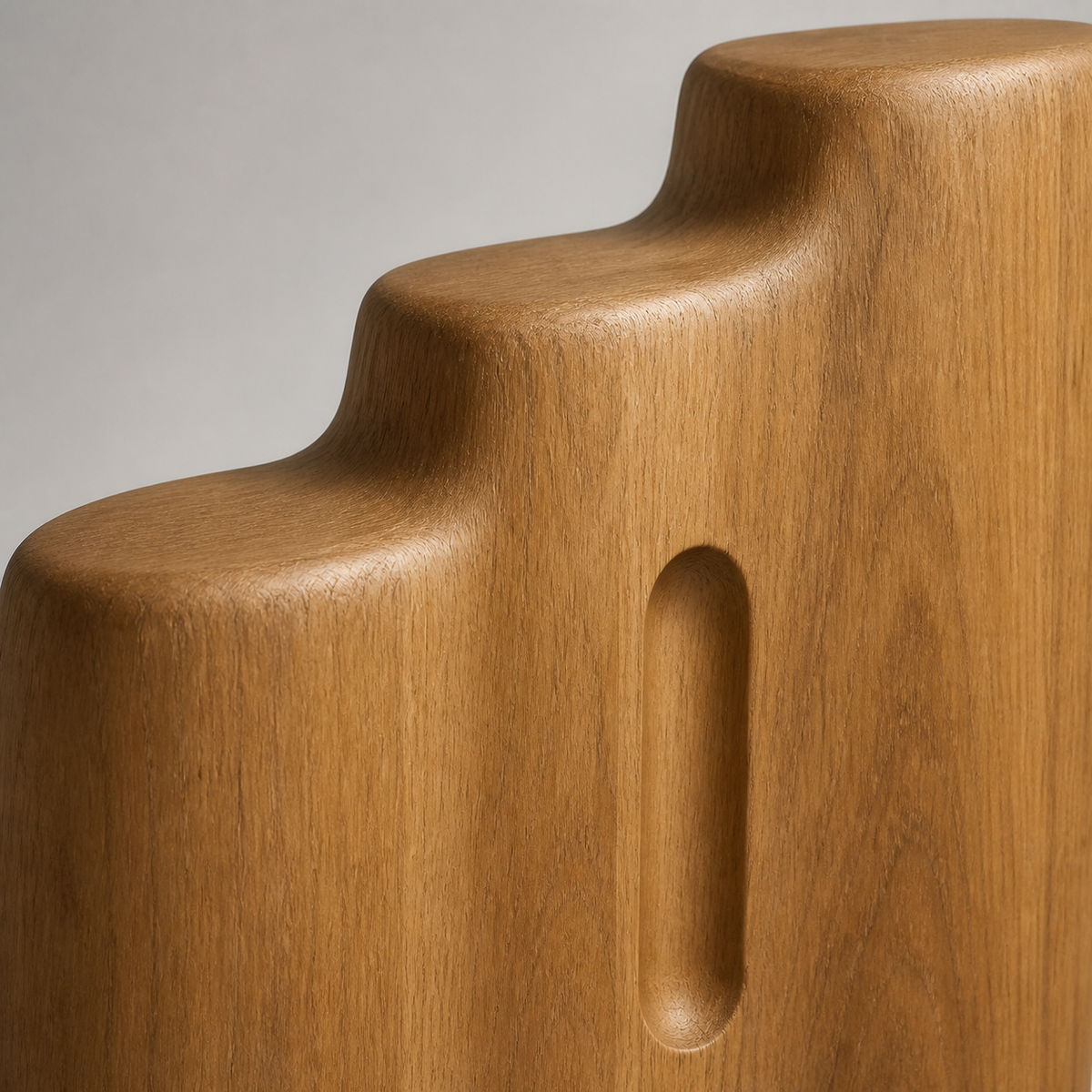 Terraced Rise, teak wood floor sculpture — wood grain and carved detail