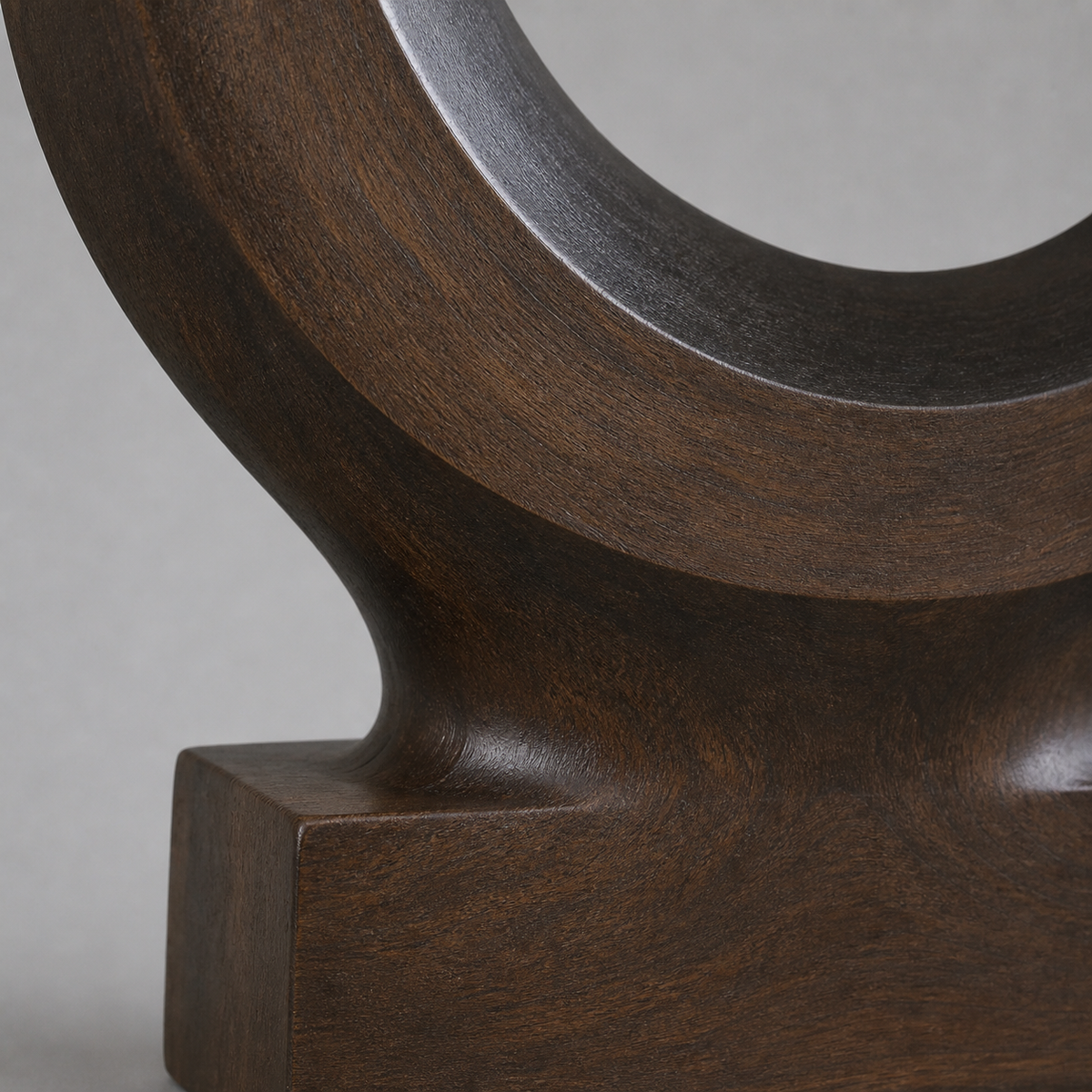 Lunar Yoke, abstract teak wood sculpture — wood grain and carved detail