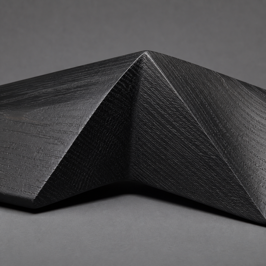 Folded Horizon, teak wood console sculpture — wood grain and carved detail