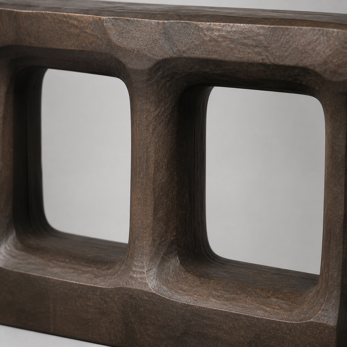 Stacked Threshold, teak wood console sculpture — wood grain and carved detail