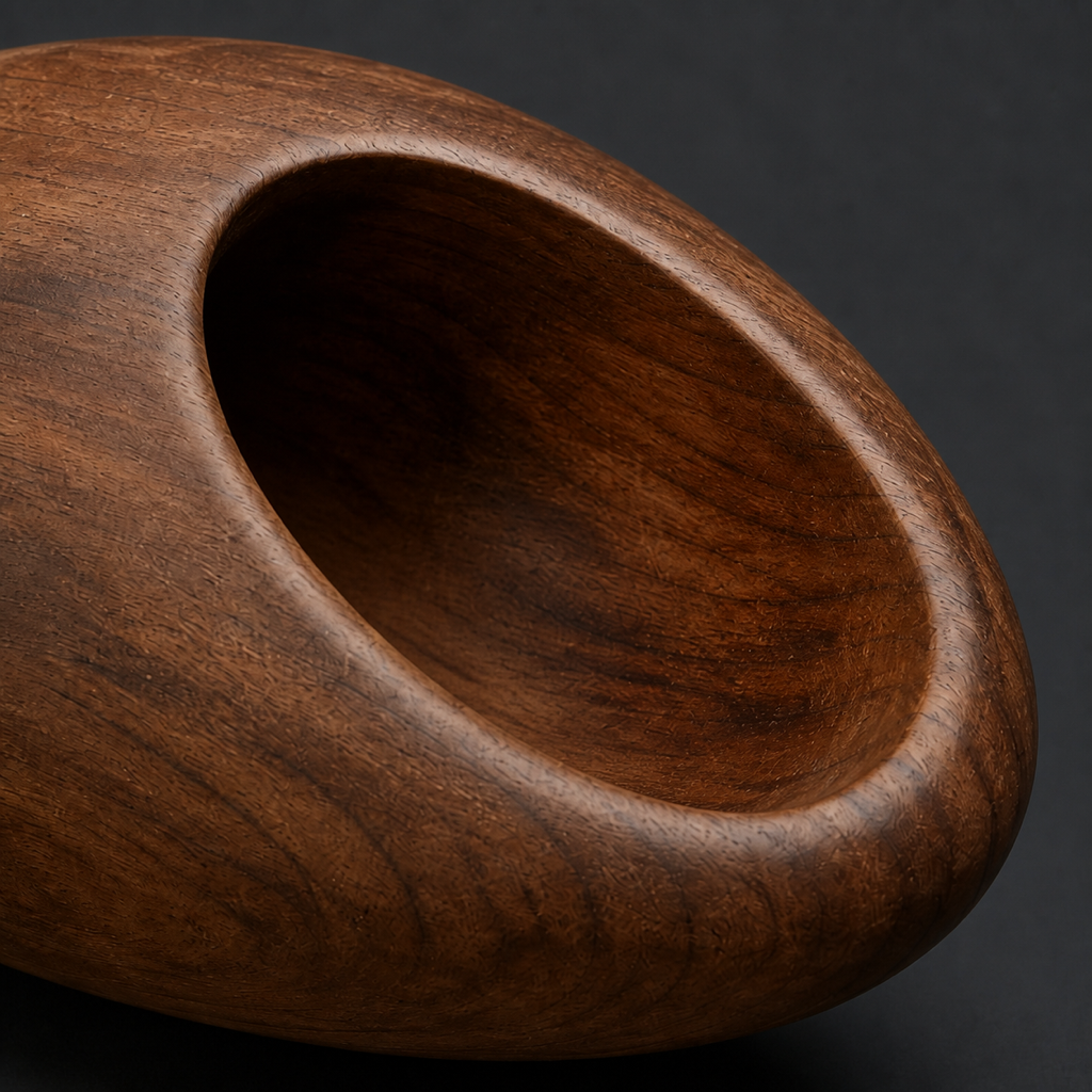 Seed Vessel, teak wood tabletop sculpture — wood grain and carved detail