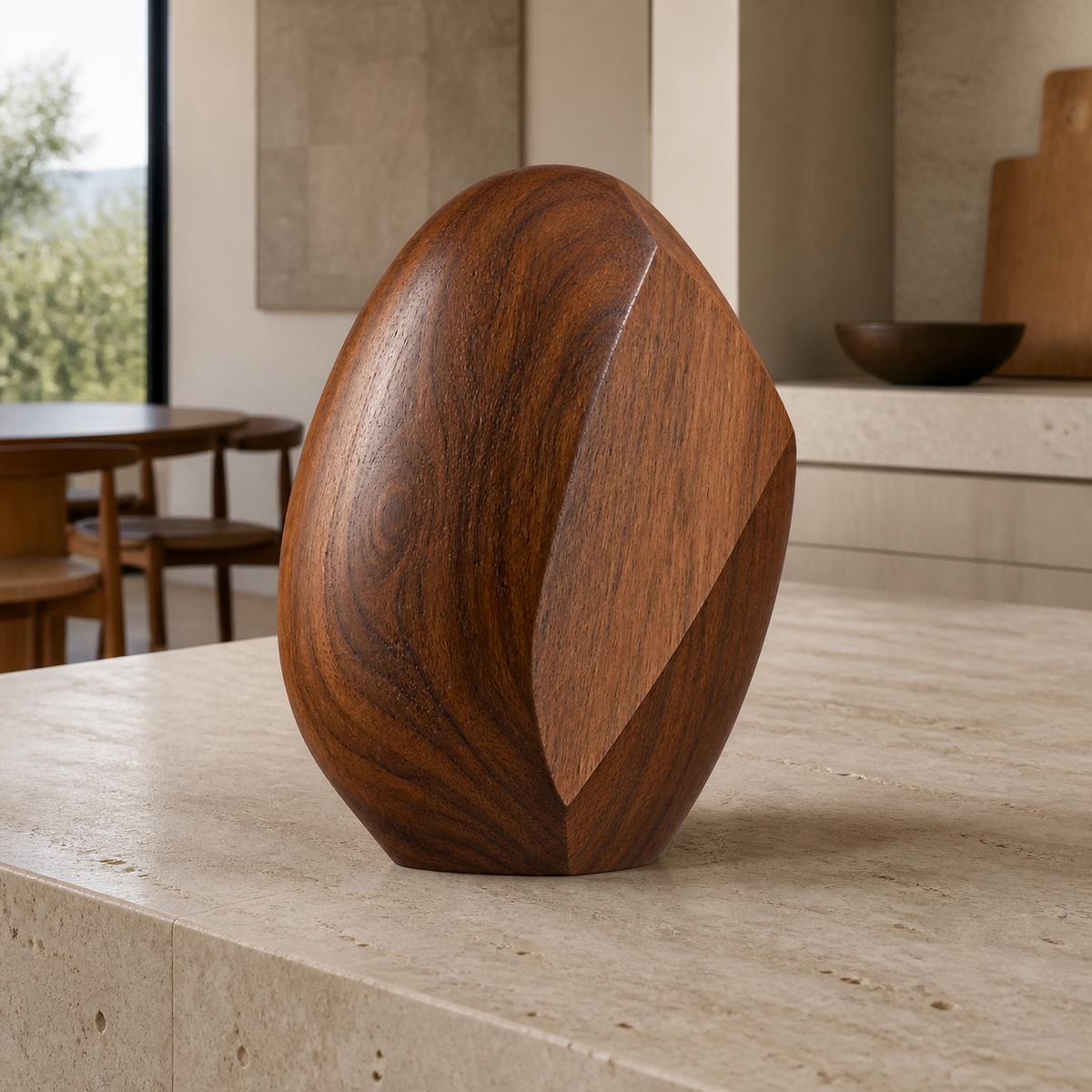 Facet Seed, teak wood tabletop sculpture — interior view