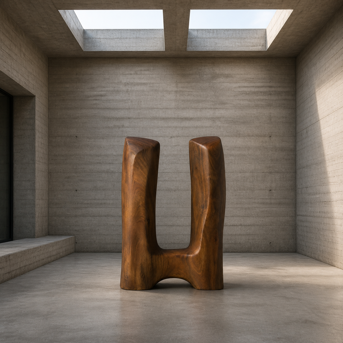 Twin Datum, teak wood floor sculpture — interior view