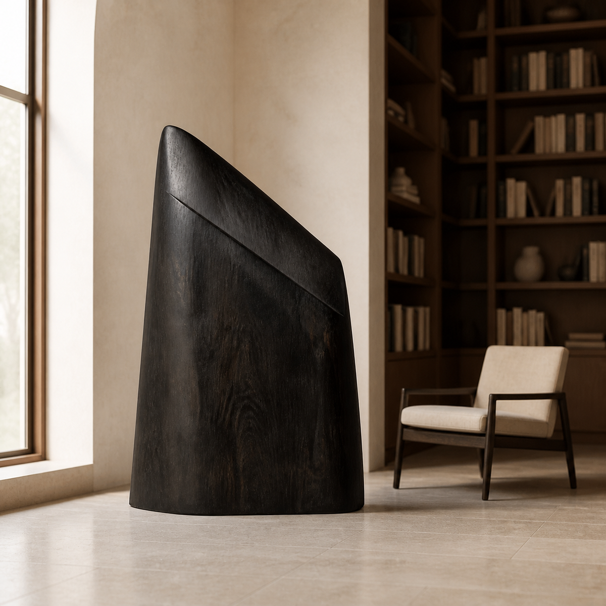 Quiet Buttress, teak wood floor sculpture — interior view