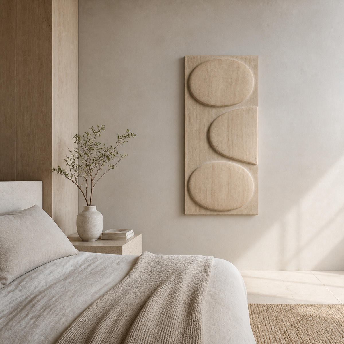 Orbit Stack Relief, carved teak wood wall art — interior view