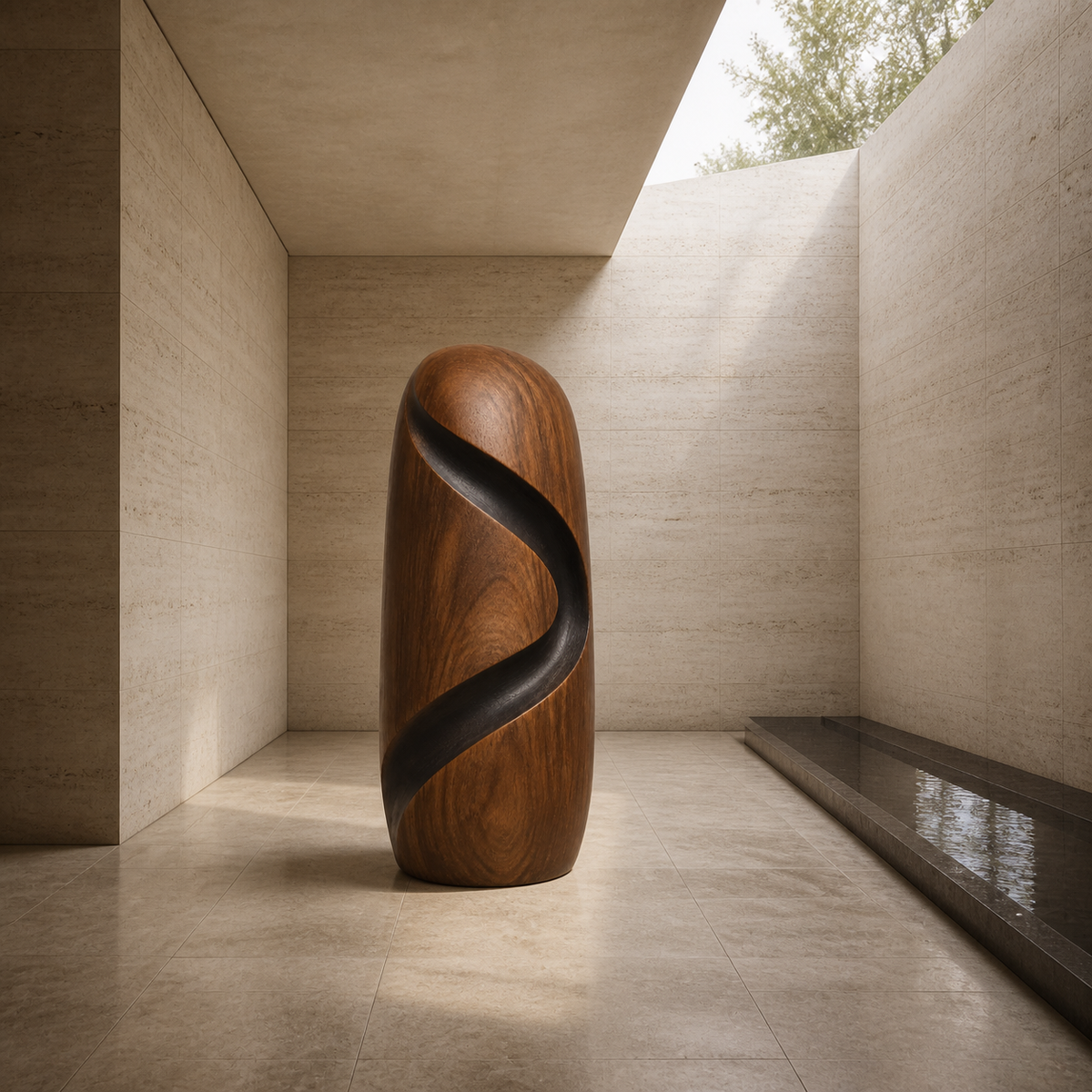 Spiral Rift Monolith — Teak Floor Sculpture